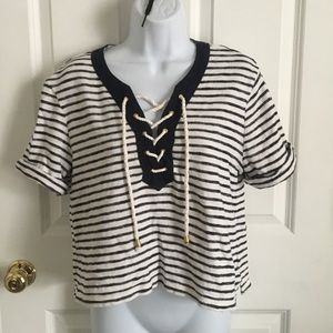 Lace up navy blue & white crop top